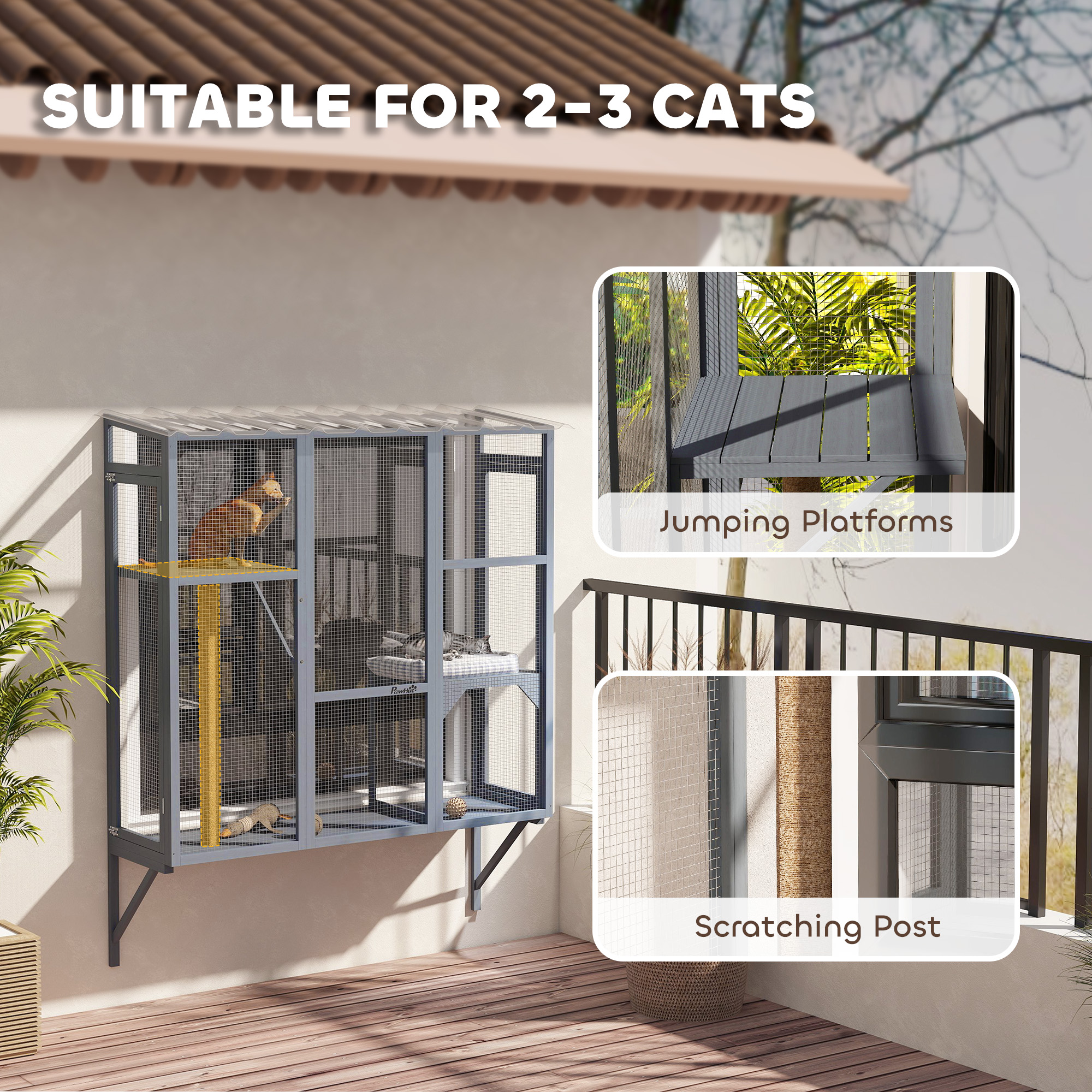 Catio Exterior para Gatos, Ventana para 2-3 Gatos Grandes con 2 Plataformas de Salto y Palo de Escarbar — imagen 2