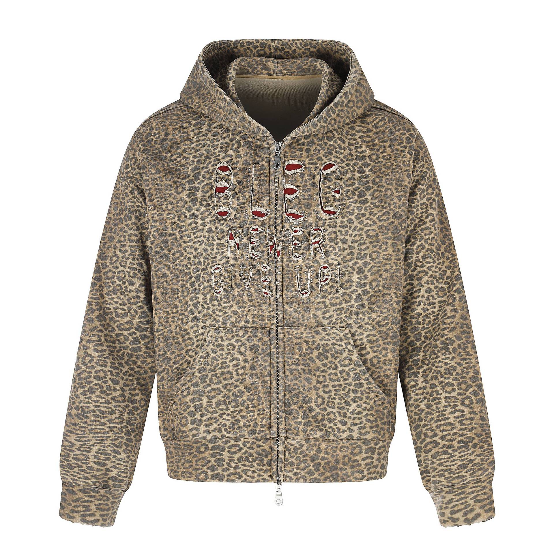 Leopard Print Full Print Embroidered Ripped Letter Hooded Zip-Up Sweatshirt — image 1