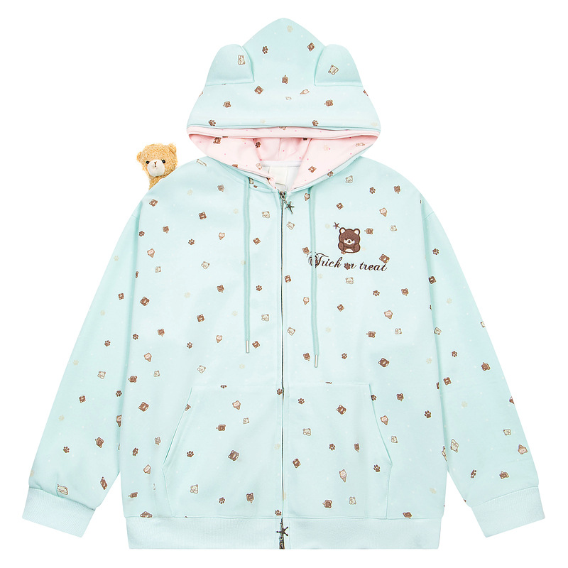 Embroidered teddy bear zipper loose hooded jacket — image 8
