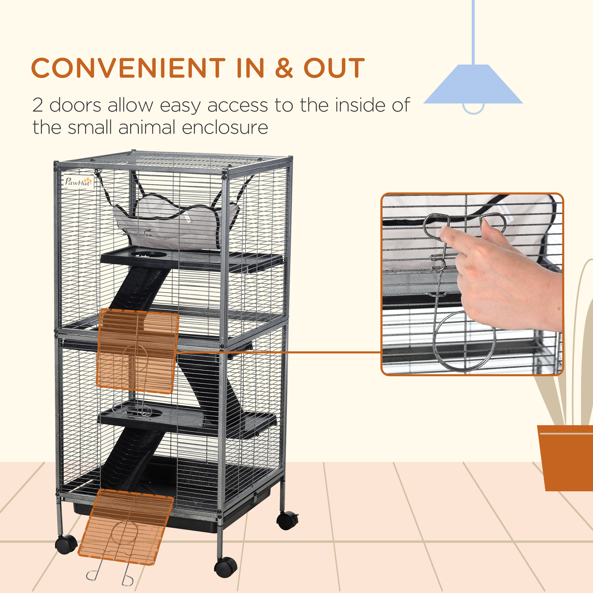 Caja de Animales Pequeños en Metal con Ruedas, Ferret Caja Grande, Caja para Chinchillas, Caja para Glider de Azúcar, con Hamaca & 4 Niveles, bandeja Removible, Gris — imagen 3