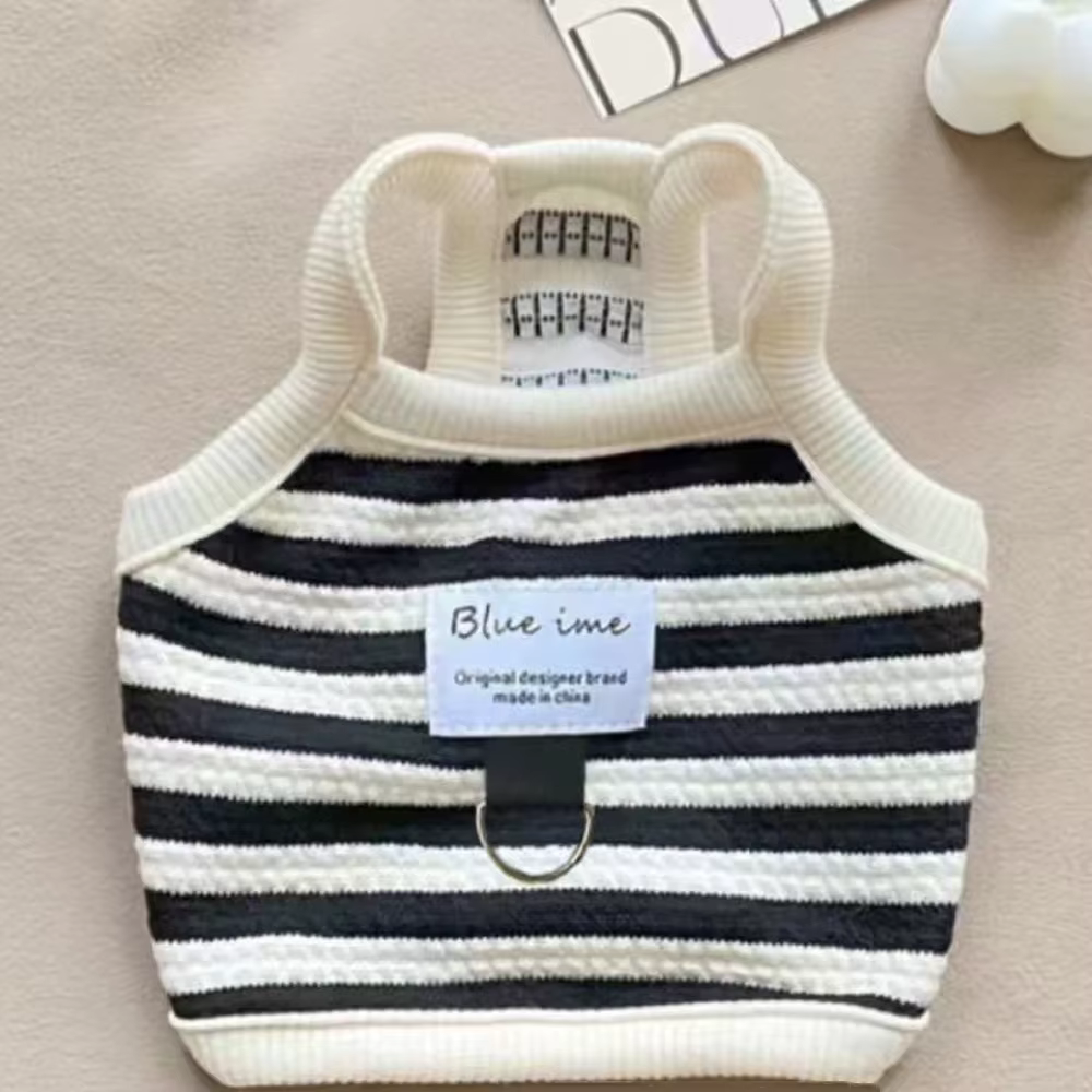 Ropa de Verano para Perros con Rayas - Vestido para Pequeños Canes Bichón Frisé Negro Confortable con Correa y Ojal — imagen 5