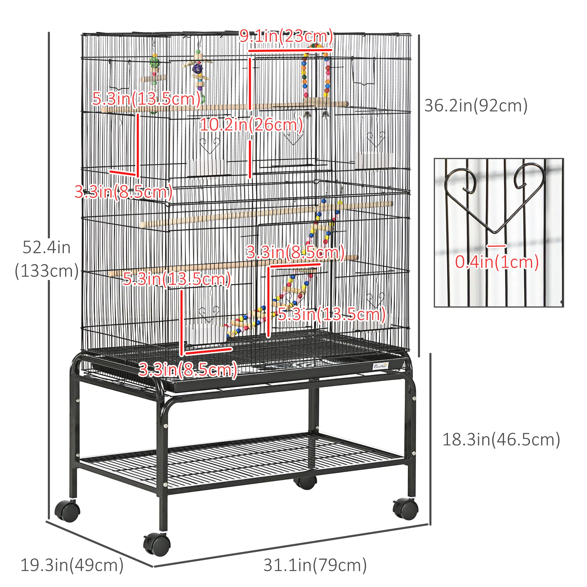 52" Bird Cage with Rolling Stand, Toys, for Budgies Canaries Black — image 4