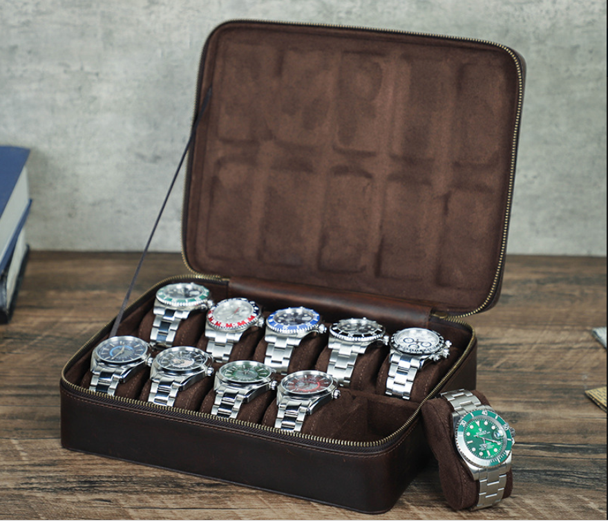 Rectangular Handmade Crazy Horse Leather Watch Box, 10-Slot Watch Display Organizer Travel Storage Case — image 1