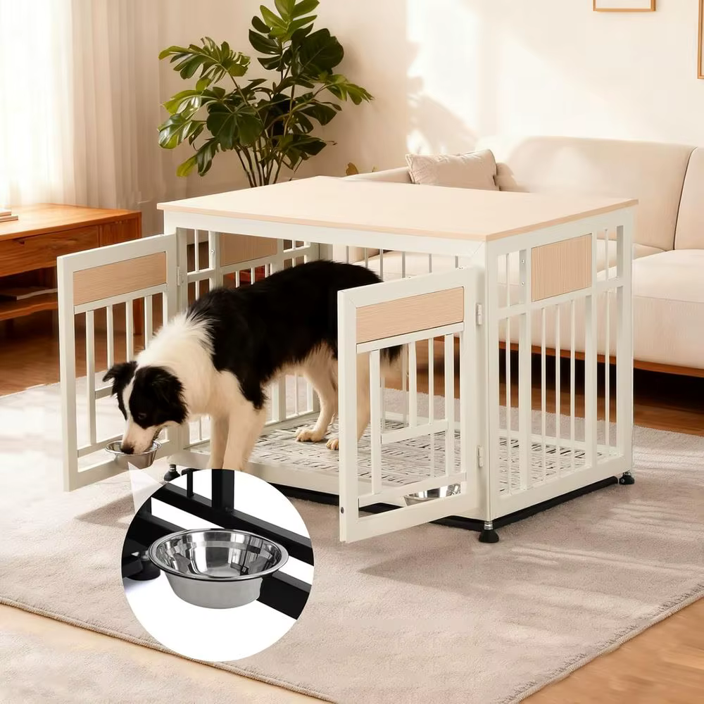 Caja de Perro Decorativa en Madera Blanca - Mobiliario para Canes Grandes (35-60 lbs) con Tazas Ajustables y Etiqueta de Nombre — imagen 5