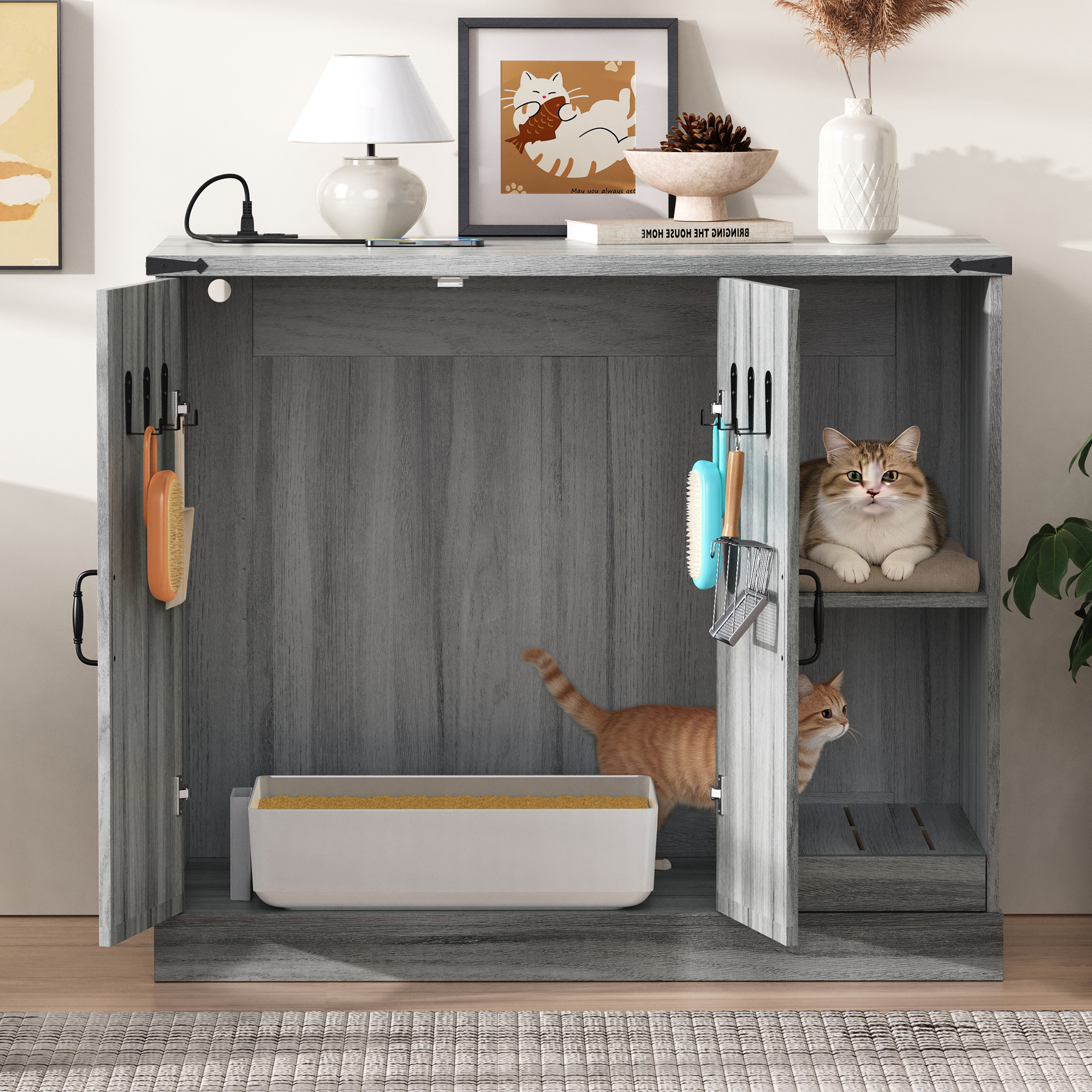 Cat Litter Box Cabinet With Power Outlet, Modern Litter Box Furniture For Large Automatic Litter Boxes, Hidden Litter Box Enclosure With Litter Catcher, Adjustable Storage Shelves, Gray — image 3