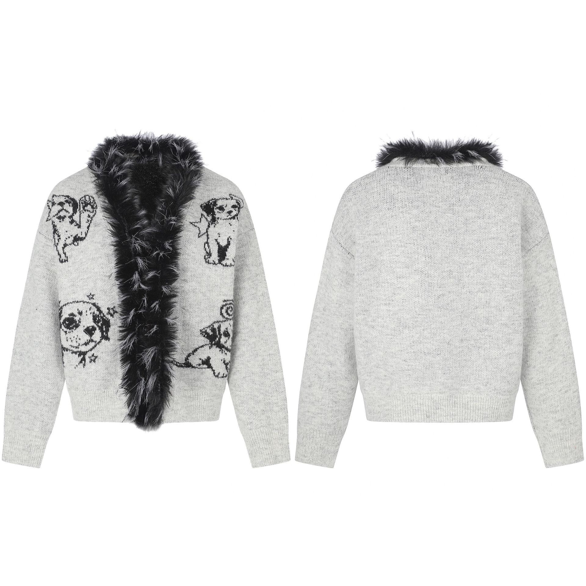 Women's Sweet Cool Faux Fur Collar Knit Cardigan with Cartoon Puppy Jacquard V-Neck Loose Soft Sweater Outerwear — image 5