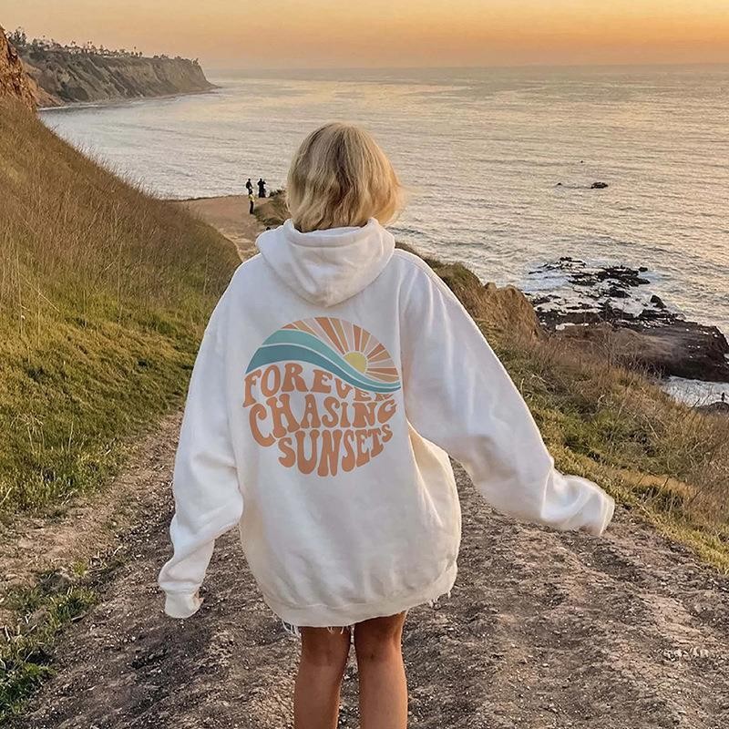 Sunset Print Kangaroo Pocket Drawstring Hooded Women's Fleece Sweatshirt — image 8