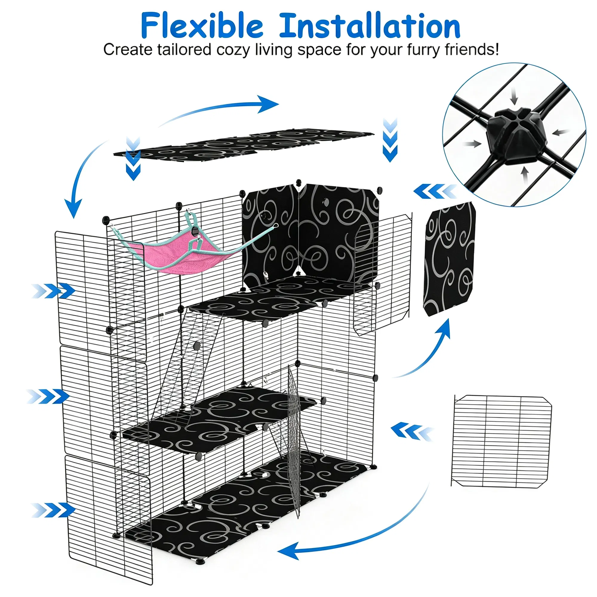 3-Level Metal Cat Cage Enclosure, Modular Pet Habitat with 3 Doors, 2 Ladders, Plush Hammock and Toy Ball for Small Indoor Animals — image 8