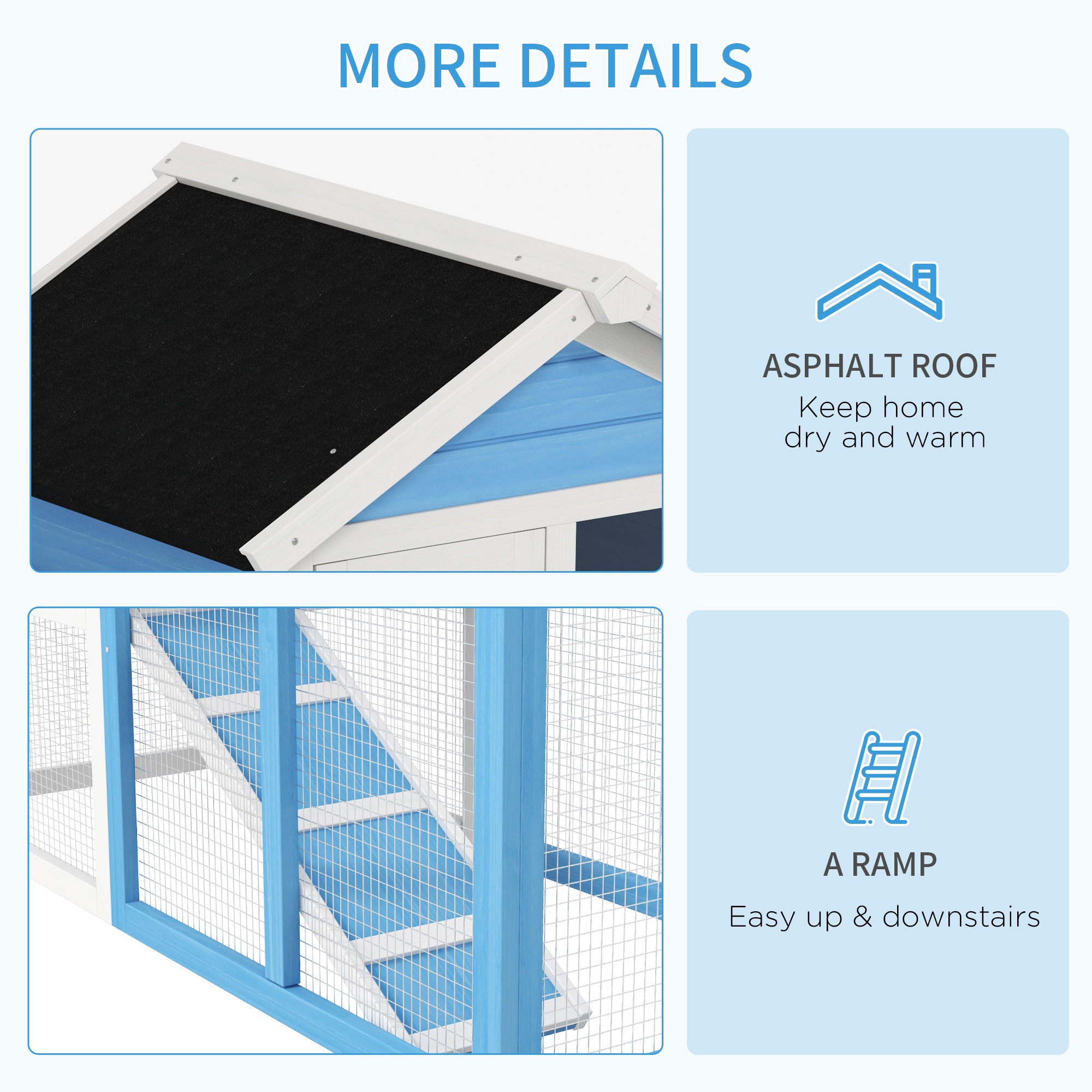 Conejera de Madera de 48" con Techo de Asfalto Impermeable, Corral Exterior Divertido, Bandeja Removible y Rampa, para Conejos, Gallinas y Patos, Azul Claro — imagen 5