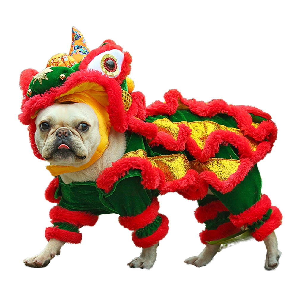 Funny Pet Cat Dog Costume Clothes Chinese Lion Dance Suit For French Bulldog Small Medium Dogs Corgi New Year Dress Up Apparel — image 1