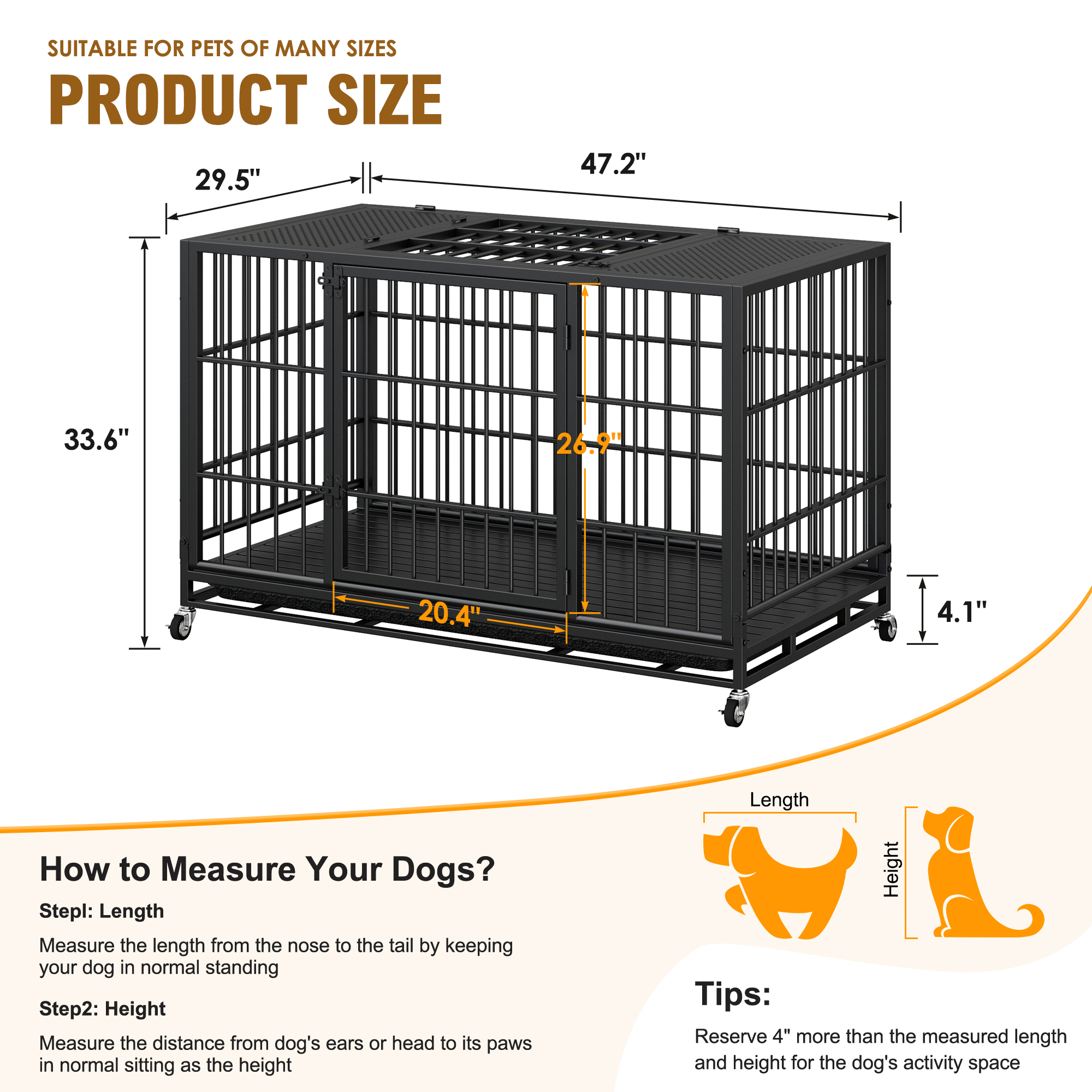 Heavy Duty Dog Crate, Mobile Pet Kennel with Lockable Wheels & Rotary Twist-Latch, Indoor Outdoor Metal Cage with Perforated Top — image 7