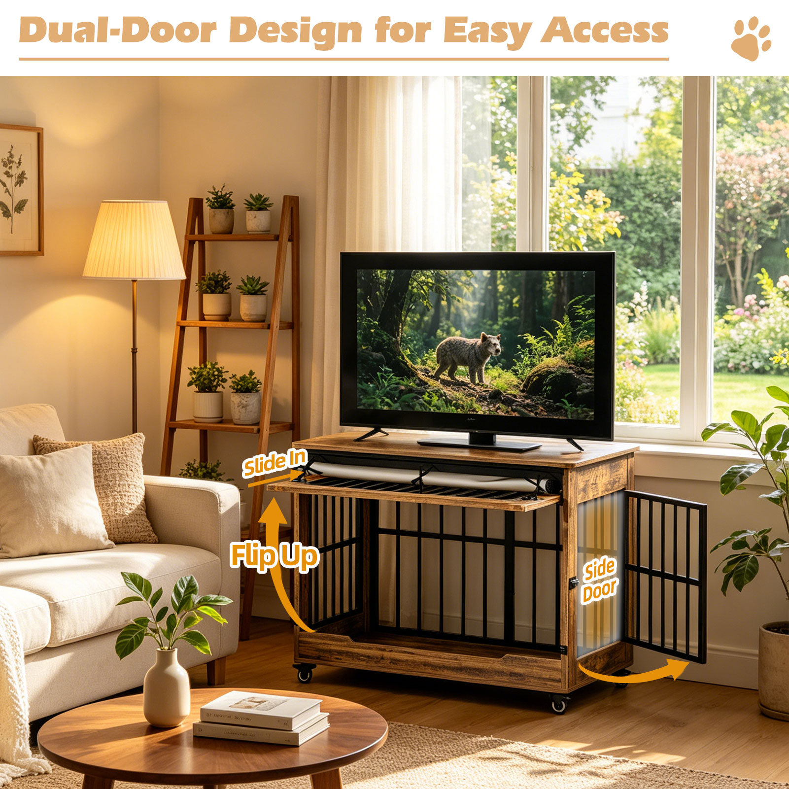 Dog Crate Furniture, Double Door Wooden Indoor Dog Kennel Furniture, Decorative Pet Cage End Table With Wheels For Large And Medium Breed Dogs, Size L, Greige — image 19