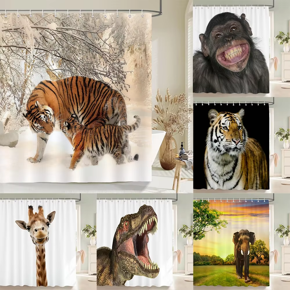Manta de Baño de Animales Salvajes: Tigre, Chimpancé, Jirafa, Dinosauro, Elefante y Safari de Nieve con Vida Silvestre Realista — imagen 1