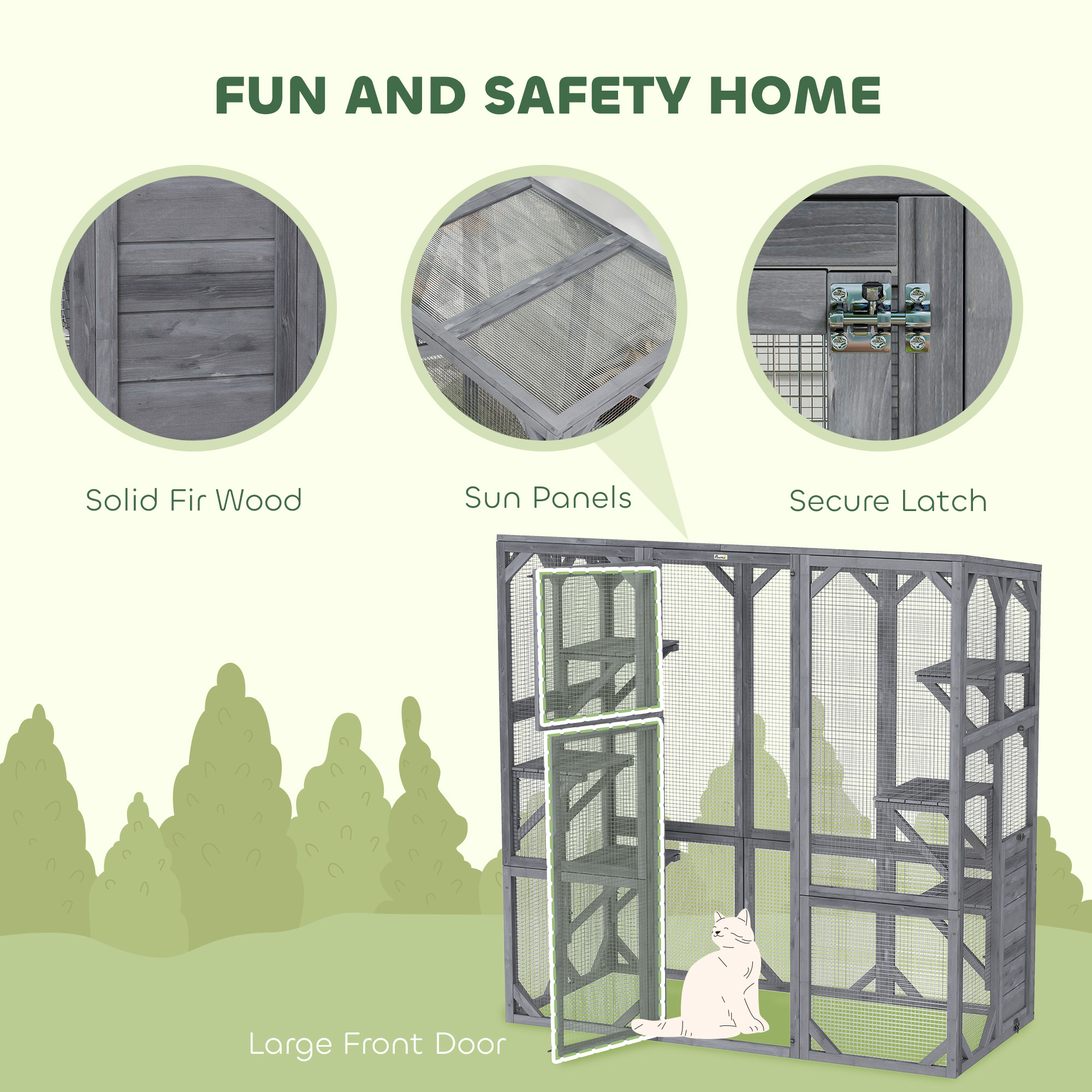 Catio Exterior Grande de Madera con 6 Plataformas Saltarinas, Techo Resistentes al Tiempo, para 1-3 Gatos, 59" x 28" x 60", Gris — imagen 3