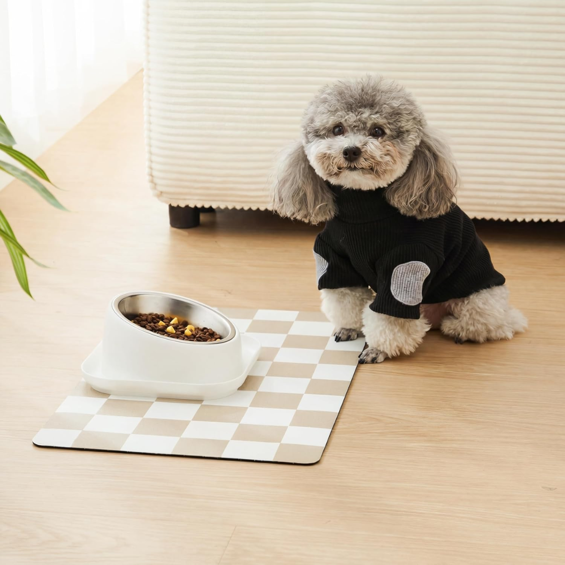 Manta de Alimentación para Perros con Diseño Retro en Cuadrícula Beige y Khaki, Absorbente para Comida y Agua de Mascotas — imagen 6