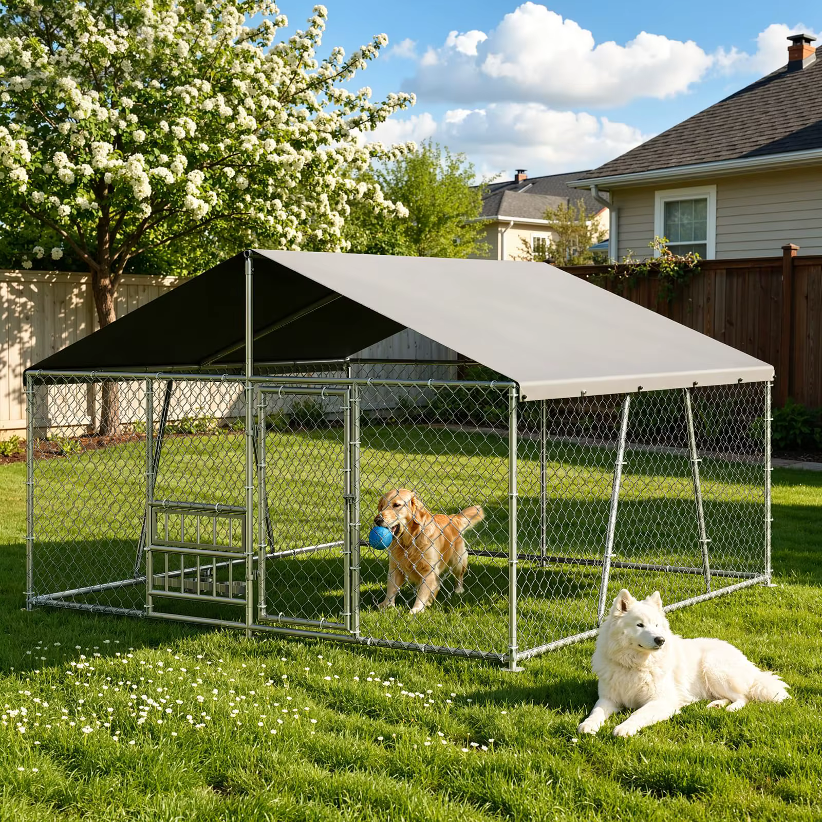 Outside Dog Enclosure With PE Waterproof Roof, 360° Feeding Door, Heavy Duty Lockable Galvanized Kennel — image 8