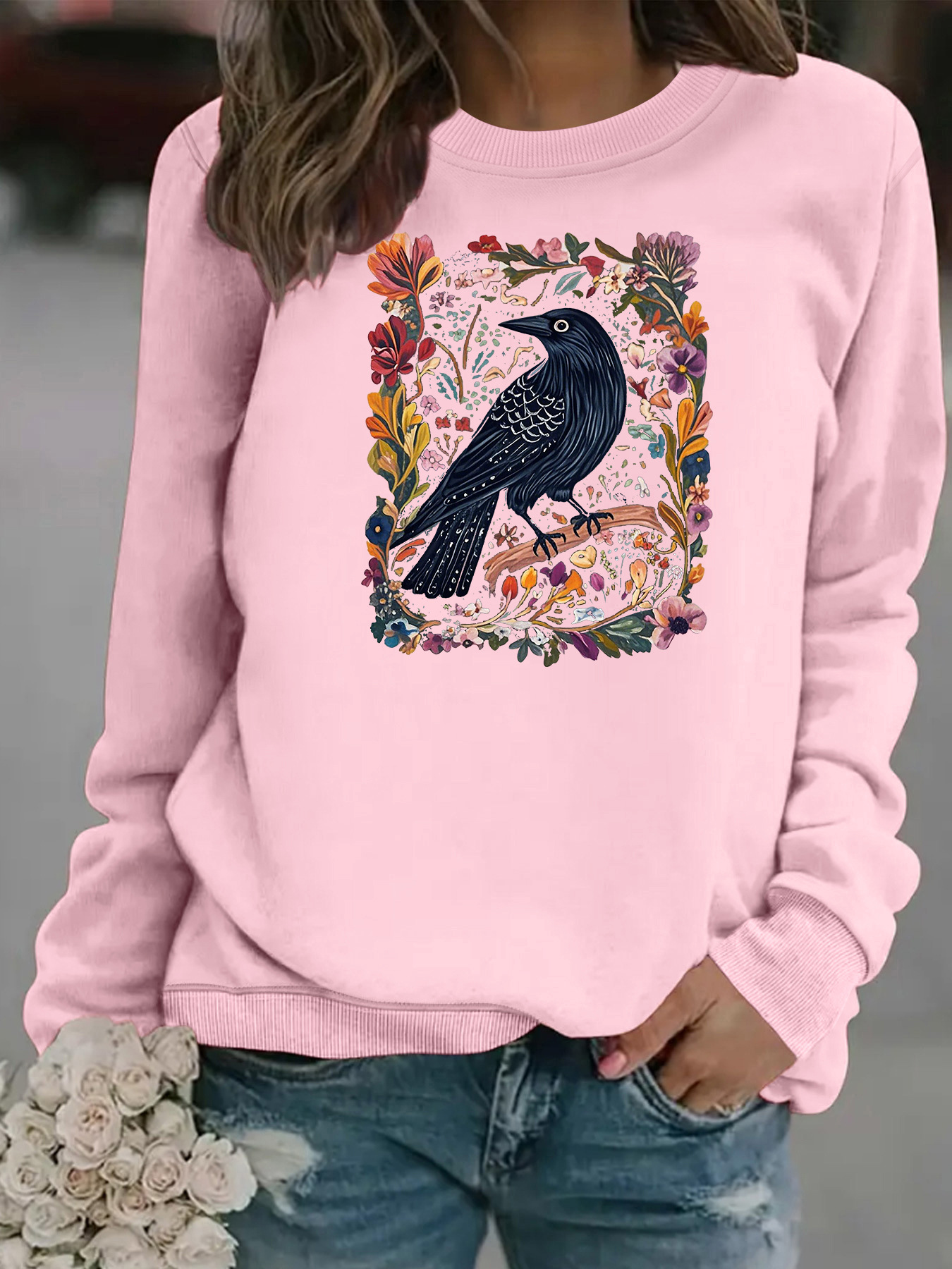 Crow print round neck fleece hoodie — image 8