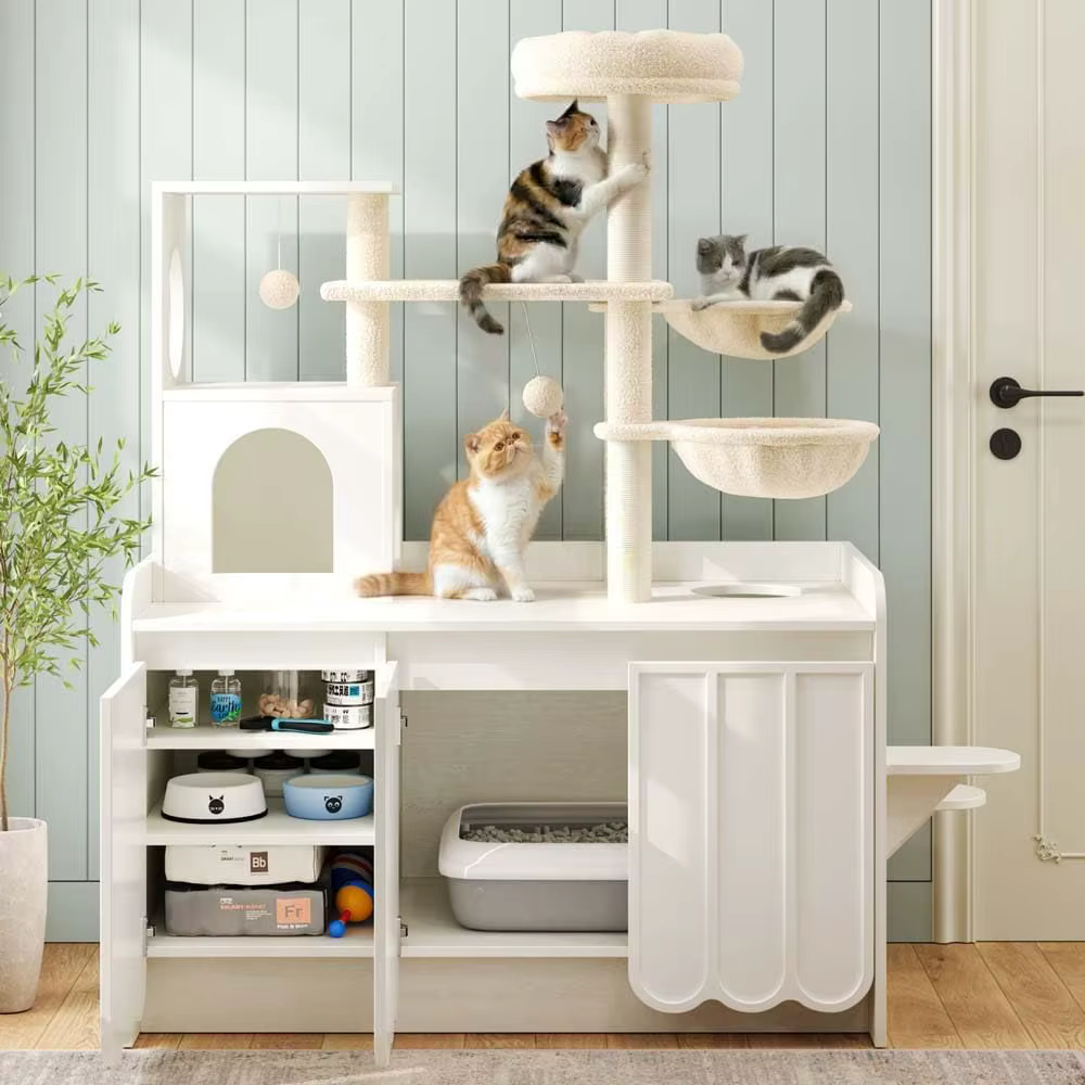 50.6" Cat Tree with Litter Box Enclosure, Cat Tower with Sisal Scratching Post and Storage Space, Modern Cat Condo with House, H — image 1