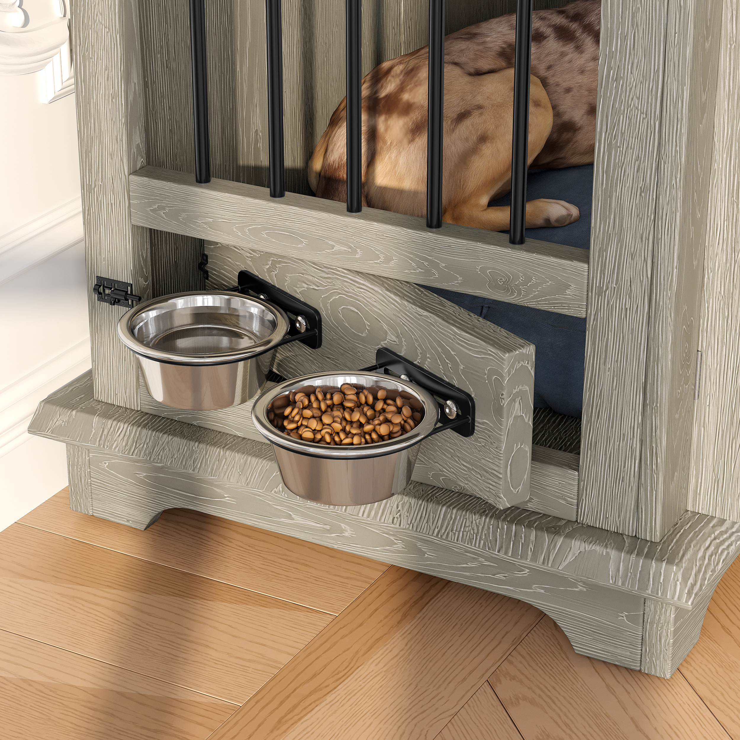 Jaula-Mueble Grande para Perro de 44.48", Caseta de Madera Interior para Perro, Mesa Auxiliar con 2 Gavetas de Almacenamiento y Tazones Giratorios, Jaula Decorativa para Perros Medianos, Gris — imagen 6