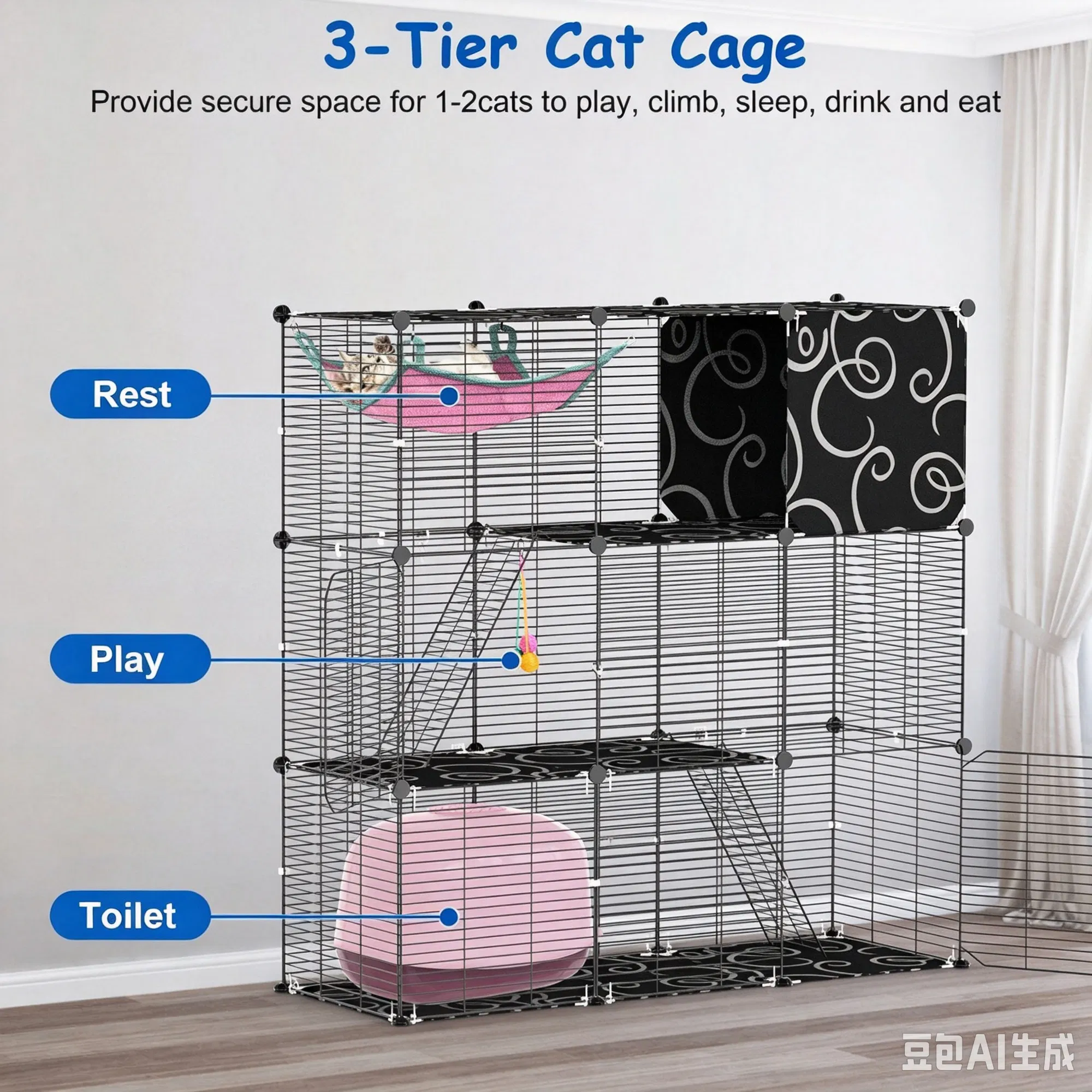 3-Level Metal Cat Cage Enclosure, Modular Pet Habitat with 3 Doors, 2 Ladders, Plush Hammock and Toy Ball for Small Indoor Animals — image 4
