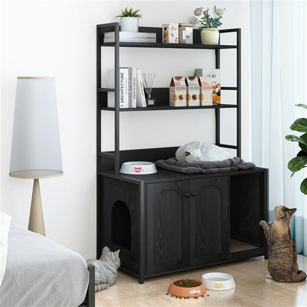 Large Cat Litter Box Enclosure With Shelf Storage, Hidden Cat Washroom Furniture, Wooden Cat House With Scratch Pad, Sturdy Indoor Cat Cabinet With 2 Doors Black — imagen 3
