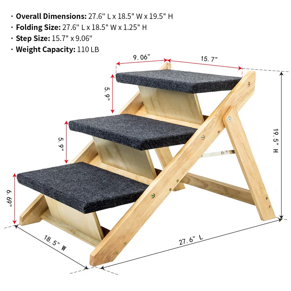 Wood Pet Stairs Pet Steps Foldable 3 Levels Dog Stairs Ramp Perfect For Beds And Cars Portable Dog Cat Ladder Up To 110 Pounds — image 2