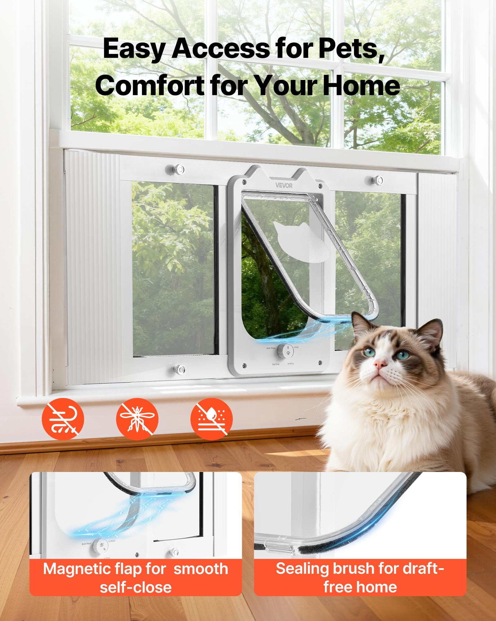Puerta para Gatos en la Ventana, Ajustable 31"-36", 4 Modos de Bloqueo Seguros, Estructura de Aluminio y Vidrio de Alta Transparencia, Cierre Magnético, Puerta Rápida y Resistente al Tiempo para Mascotas de Interiores, Blanco — imagen 4