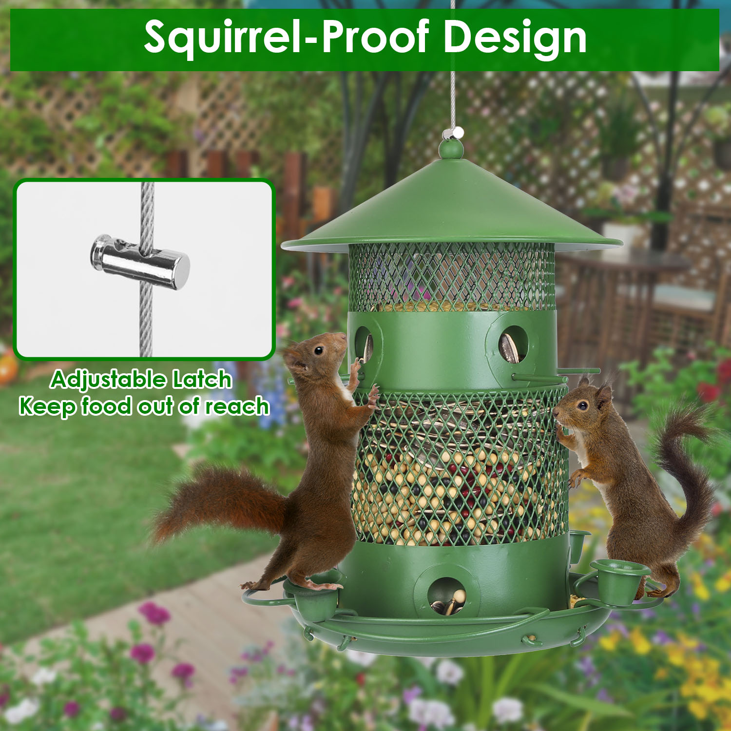 Comedor de Pájaros Silvestres Prueba de Ardillas Resistente al Mordisco Metalúrgico Comedor de Semillas para Jardín Patio Exterior con Perchas Circulares 360° Tazas de Agua para Primavera Verano — imagen 13