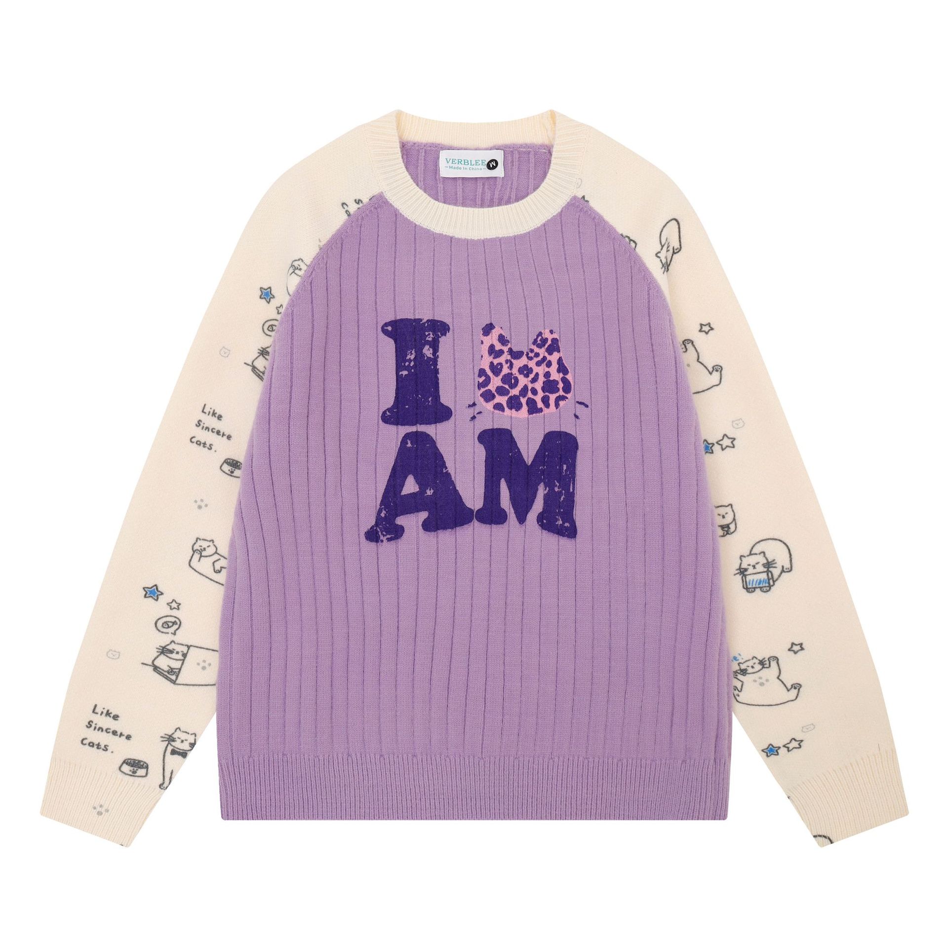 Women's Cartoon Cat Print Color Block Raglan Sleeve Round Neck Loose Knit Sweater — image 1