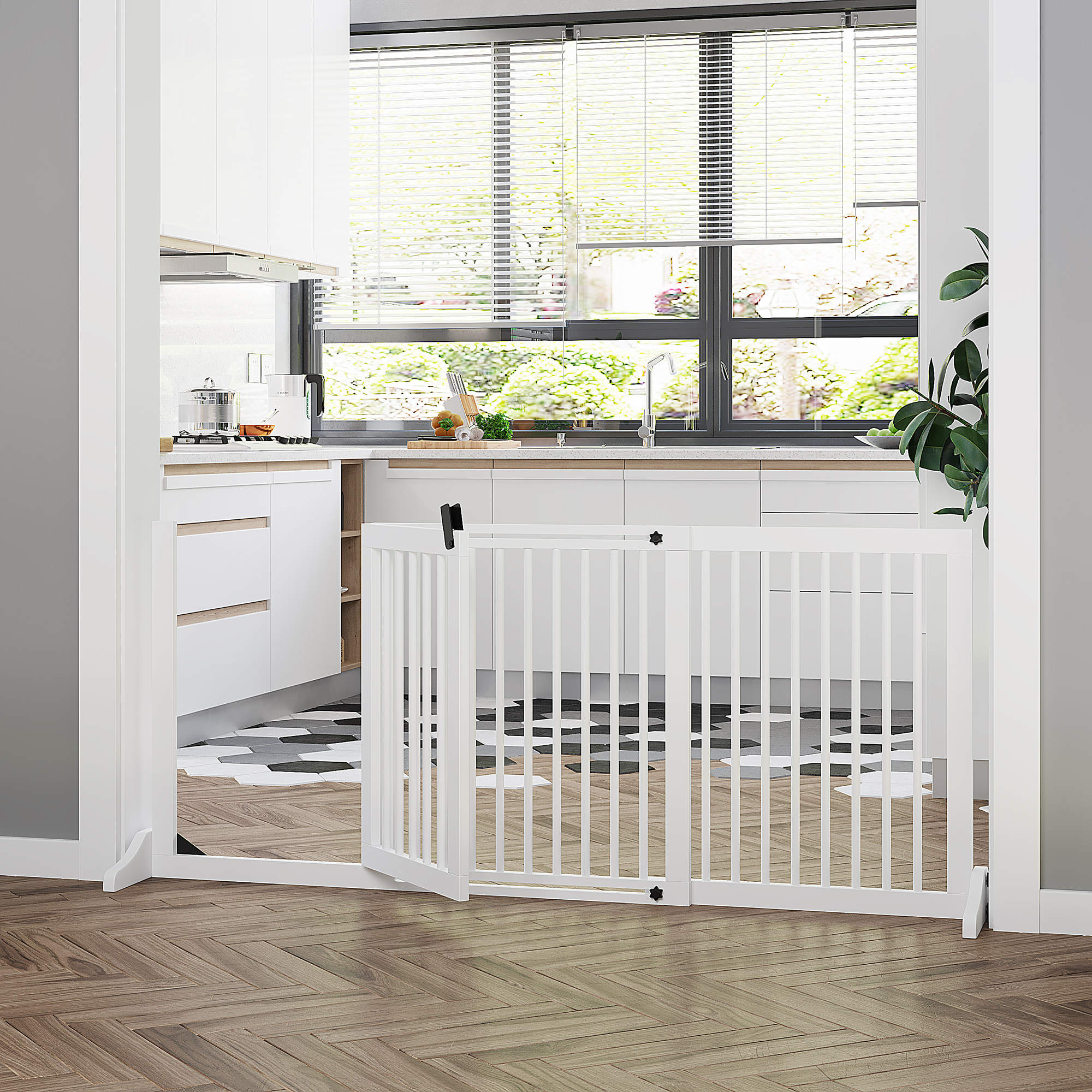 Freestanding Length Adjustable Wooden Pet Gate with Lockable Door 3 Panels, White — image 5