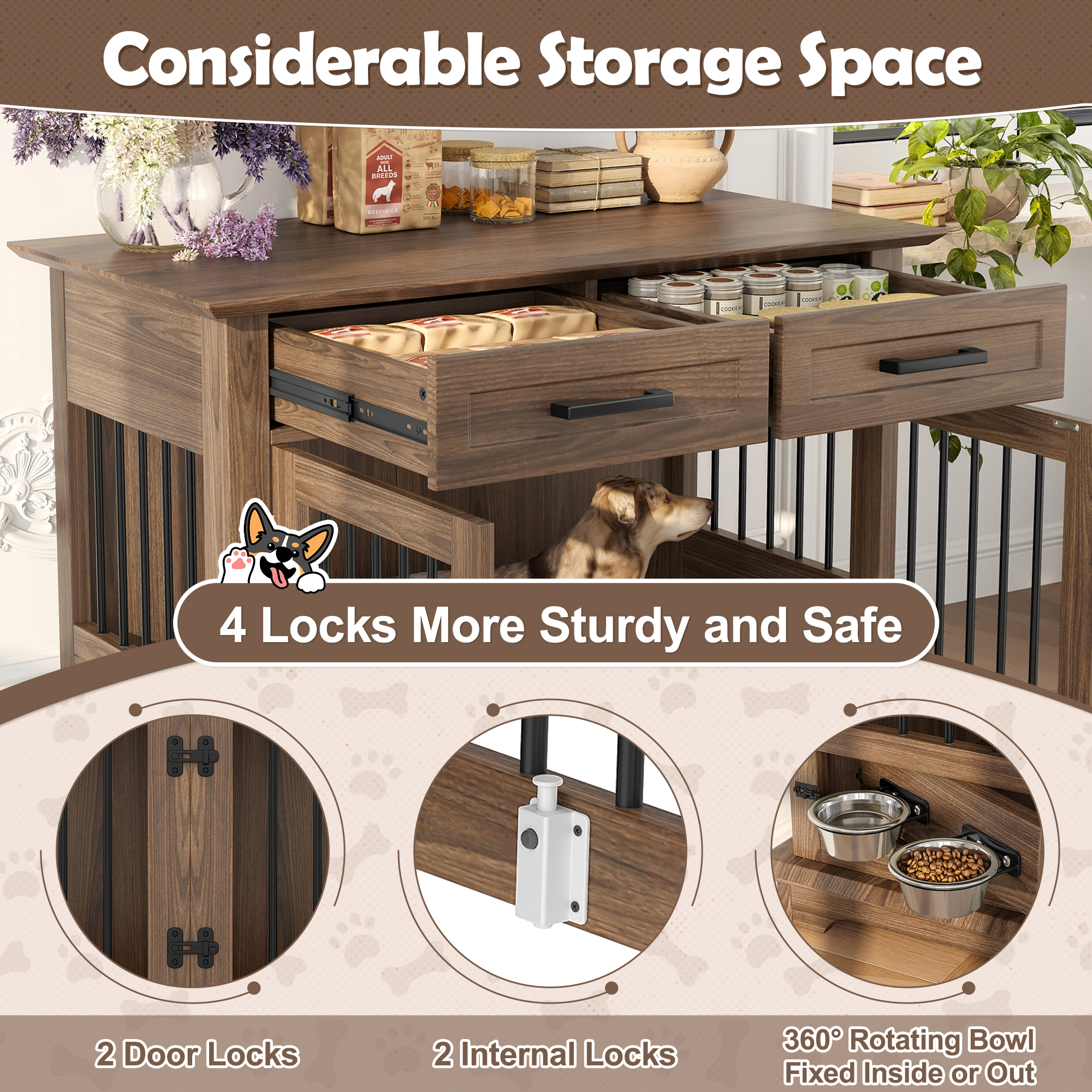 44.48 Large Dog Crate Furniture, Indoor Wooden Dog Kennel End Table With 2 Storage Drawers And Rotating Bowls, Decorative Pet Cage Dog House For Medium Dogs, Brown — image 5