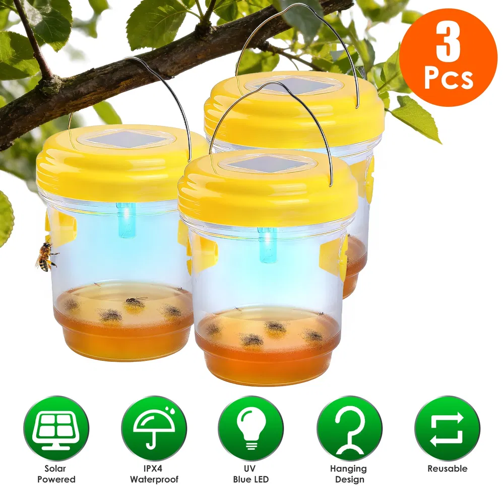 Trampas Solares para Avispas, Paquete de 3, Atrapainsectos Colgantes para Exterior con Luz UV, para Avispas de Papel, Avispas Amarillas, Avispones Pequeños, Moscas de la Fruta y Moscas Comunes — imagen 6