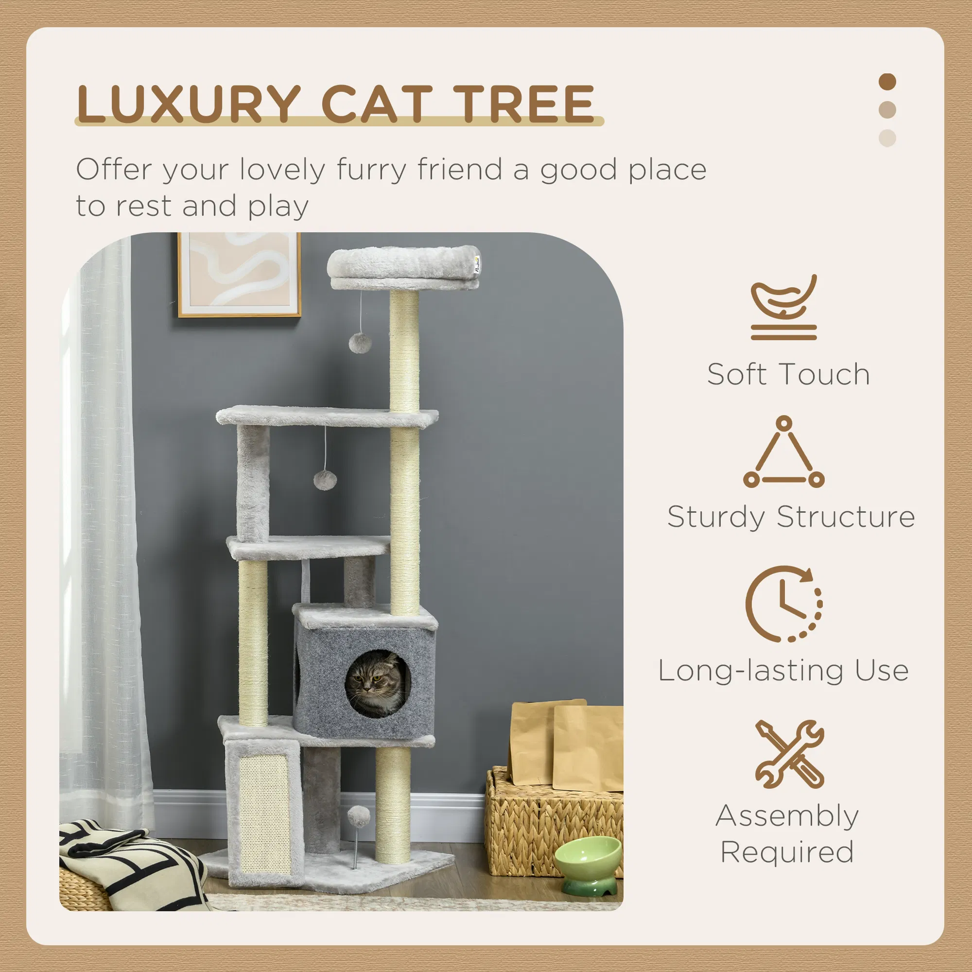 57.5" Cat Tree with Scratching Posts, Large Cat Tower for Indoor Cats with Bed, House, Toys, Grey — image 4