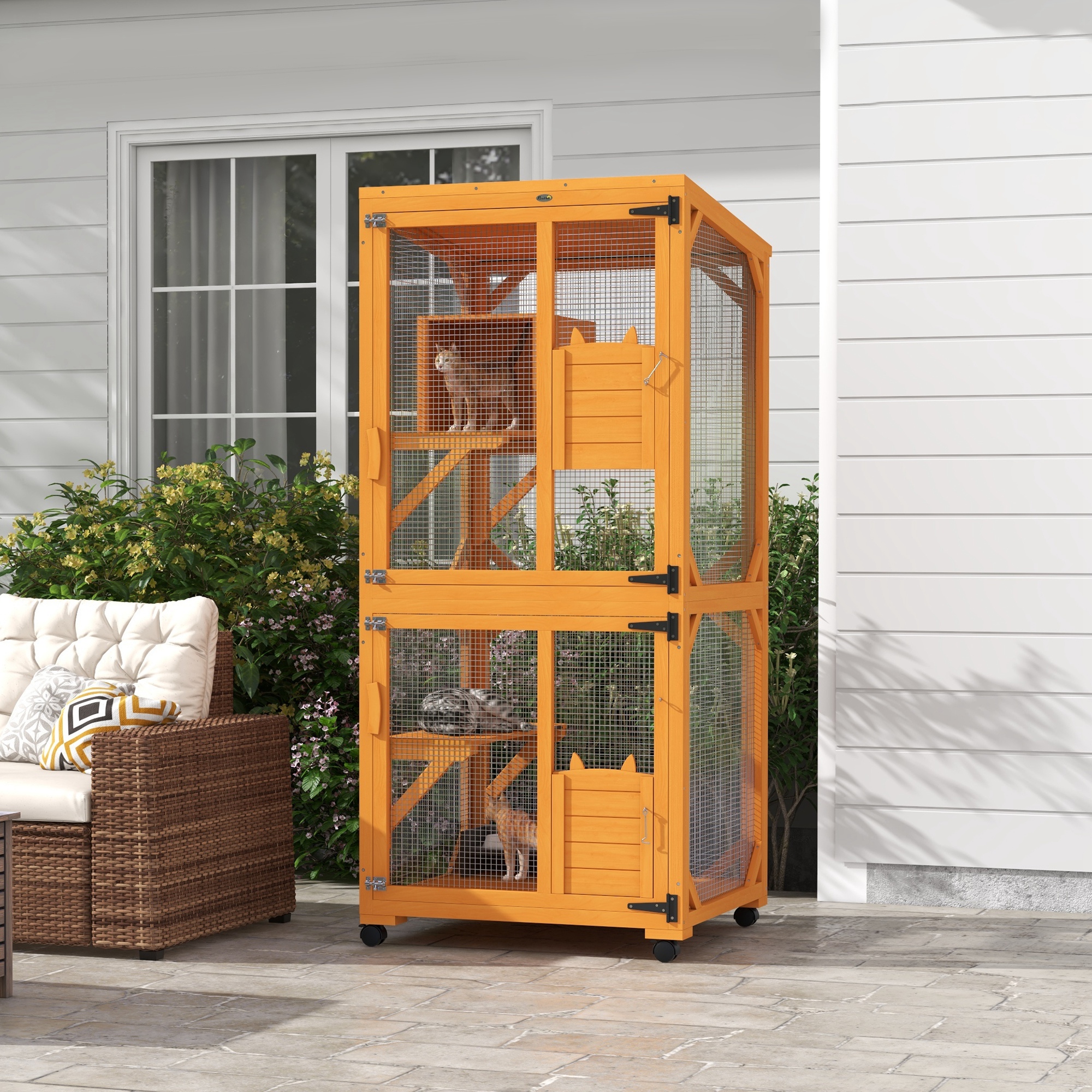 Casa para Gatos Grande con Ruedas para 1-3 Gatos Encierro de Madera Catio Naranja — imagen 1