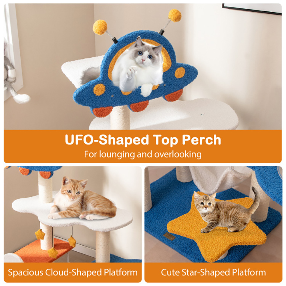 Rascador para Gatos Alto con Percha Superior en Forma de OVNI, Cápsula Espacial y Postes Rascadores de Sisal — imagen 5