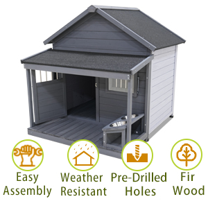 Casa para Perros Grande, Larga 44.2" x Ancha 44.6" x Alta 44.6", Madera Solida Teja de Asfalto con Terraza Grande para Perros Grandes, Impermeable y Segura, Puertas Pequeñas de Madera que Se Pueden Bloquear — imagen 4