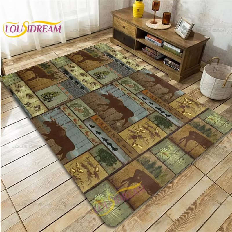 Country Style Farmhouse Lodge Bear Moose Deer Soft Rug Square Flannel Home Rug Vintage Home Living Room Floor Mats Bedroom Rug — image 3