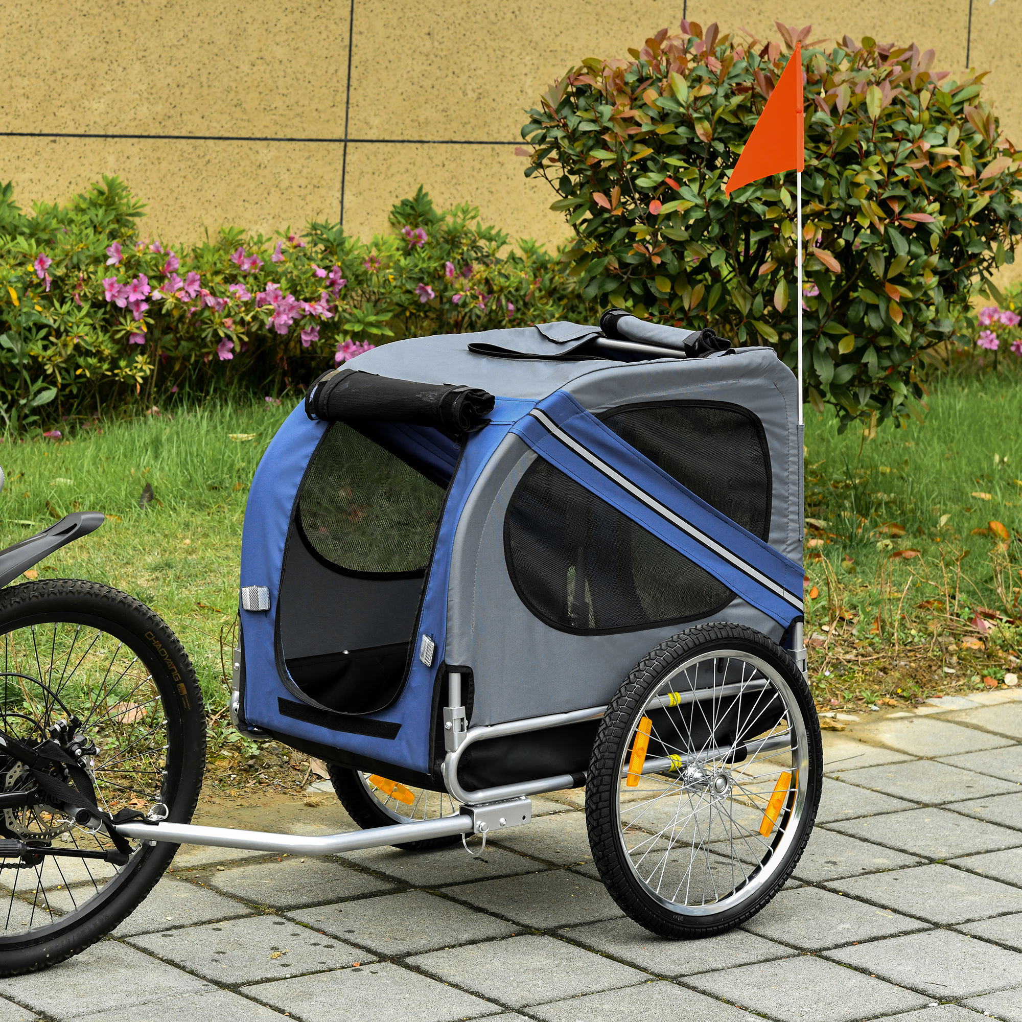 Remolque de Bicicleta Tipo Carga para Perros y Mascotas con 3 Entradas, Ruedas Grandes para Todo Terreno y Malla, Azul/Gris