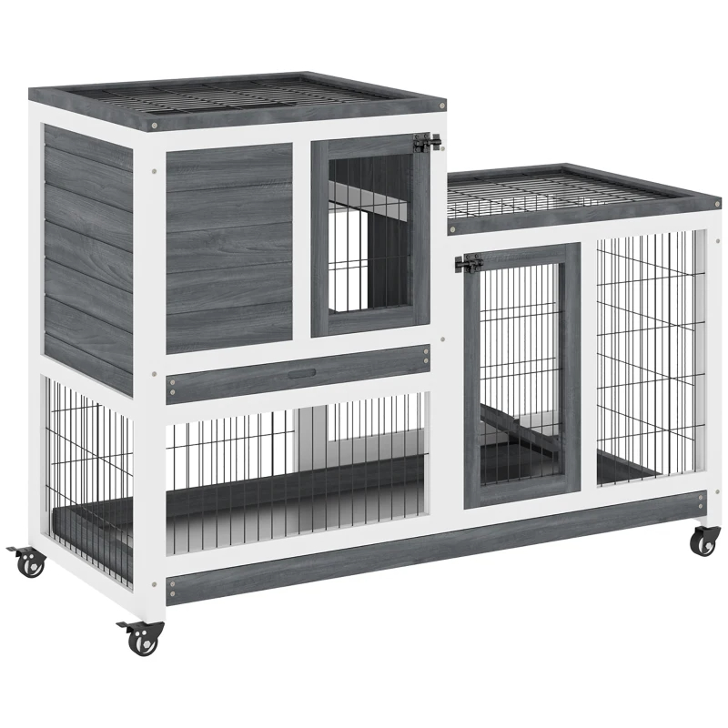 Wooden Rabbit Hutch Elevated Bunny Cage Indoor Small Animal Habitat With Enclosed Run With Wheels, Ramp, Removable Tray For Rabbits, Chickens, Ducks, Guinea Pigs, Gray — imagen 3
