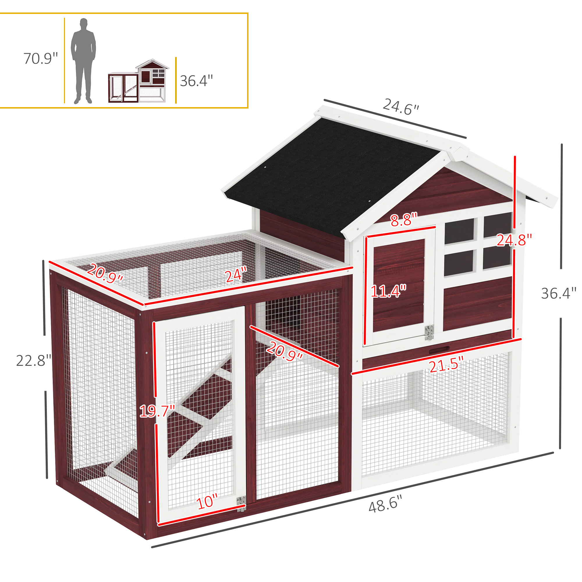 49" Wooden Rabbit Hutch Bunny Cage with Waterproof Asphalt Roof, Fun Outdoor Run, Removable Tray and Ramp, for Rabbits, Chickens, Ducks, Brown — imagen 4