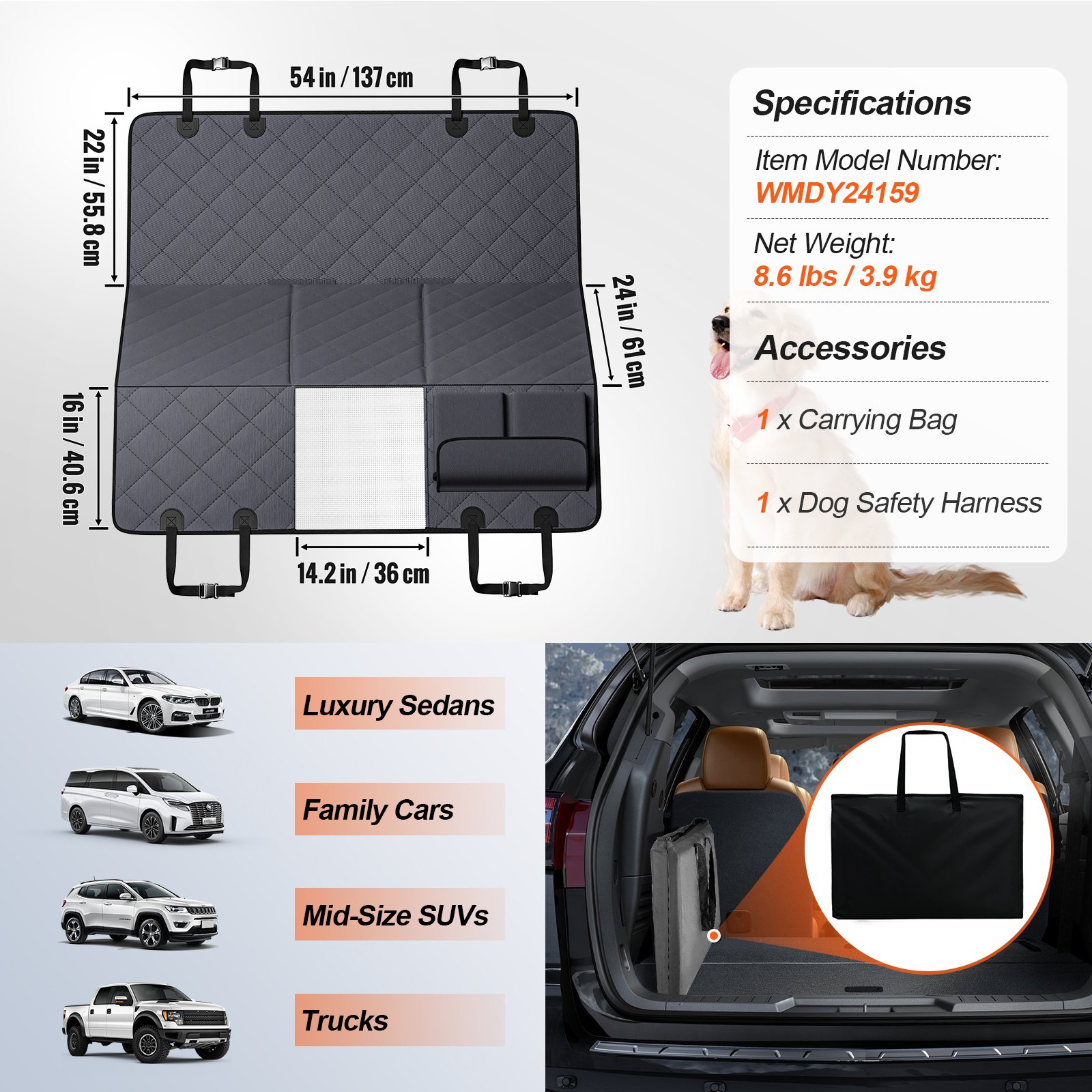 VEVOR Dog Car Seat Cover For Back Seat 54 X 24 In Waterproof 600D For Cars — imagen 6