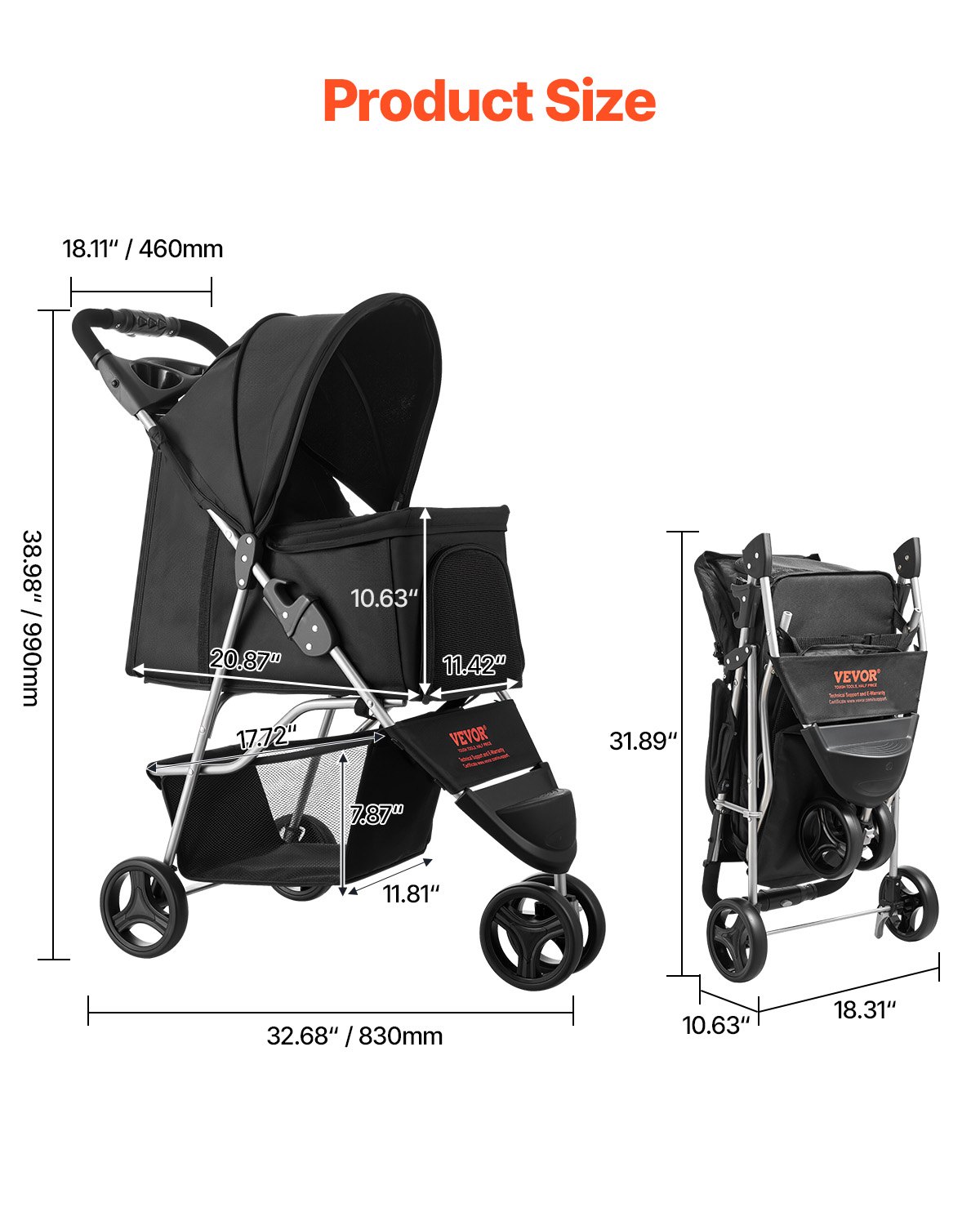 Carril de Mascotas Plegable 3 Ruedas para Perros con Freno hasta 35lbs Viaje Acampada — imagen 5