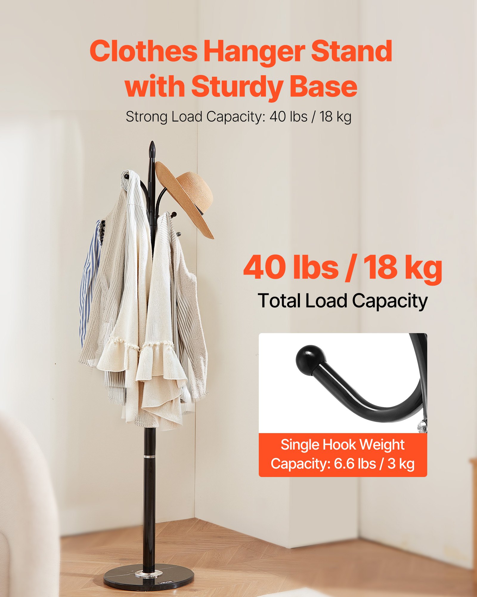 Estante de Chaquetas Libre de Suelo con Base de Mármol Estable & 6 Ganchos, Estante de Vestíbulo para Entrada, Habitación, Oficina, Salón Moderno para Chaquetas, Sombreros, Bolsos y Más — imagen 4