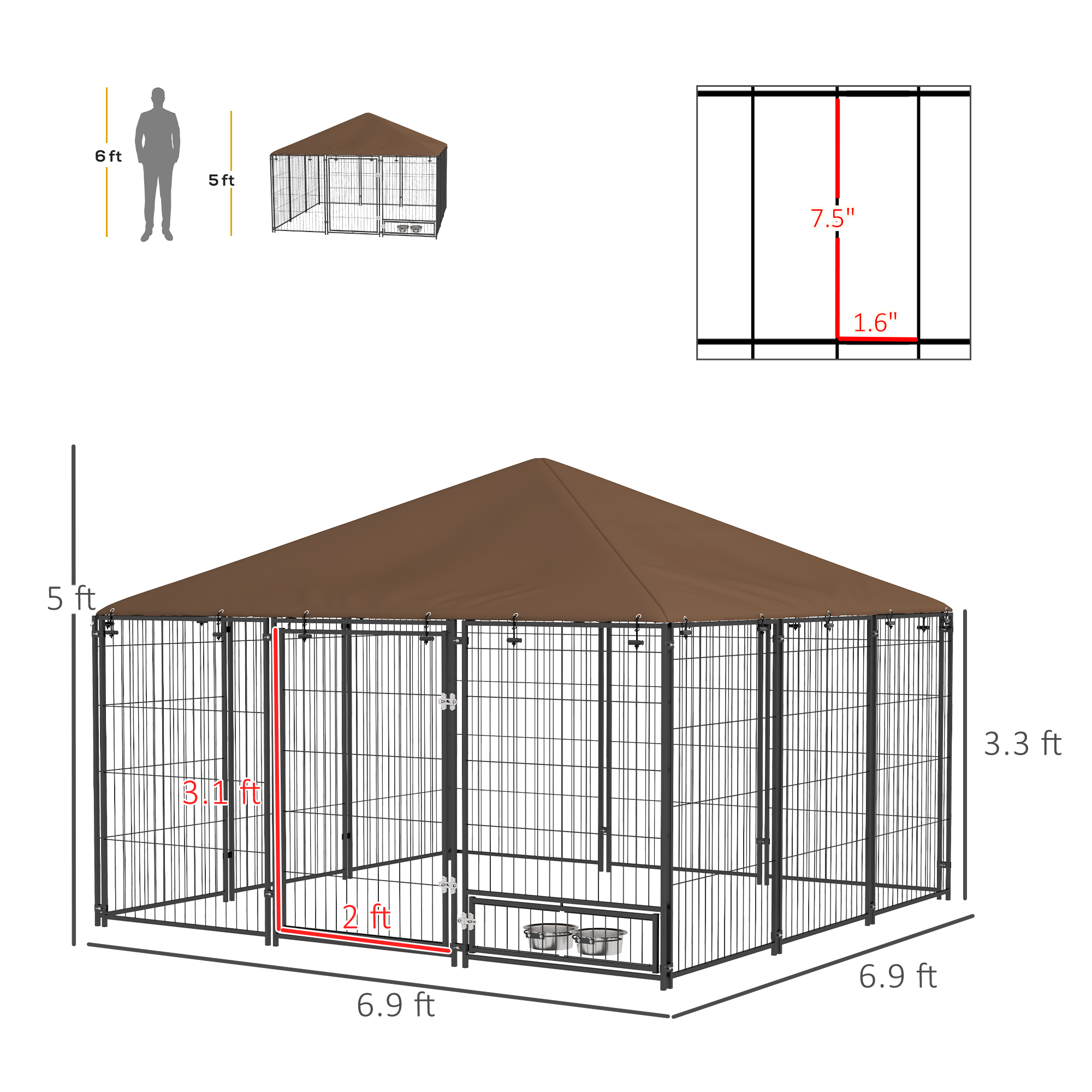 6.9' X 6.9' X 5' Outdoor Dog Kennel With Canopy Garden Playpen Fence Crate Enclosure Cage Rotating Bowl, Coffee — imagen 3