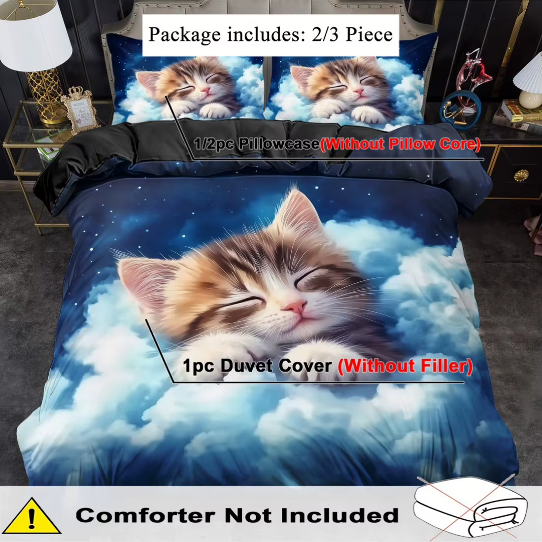 Set de Funda de Edredón de 2/3 Piezas, Juego de Funda Nórdica con Estampado de Gato Animado, Ropa de Cama Estilo King/Queen, Poliéster Lavable a Máquina — imagen 4