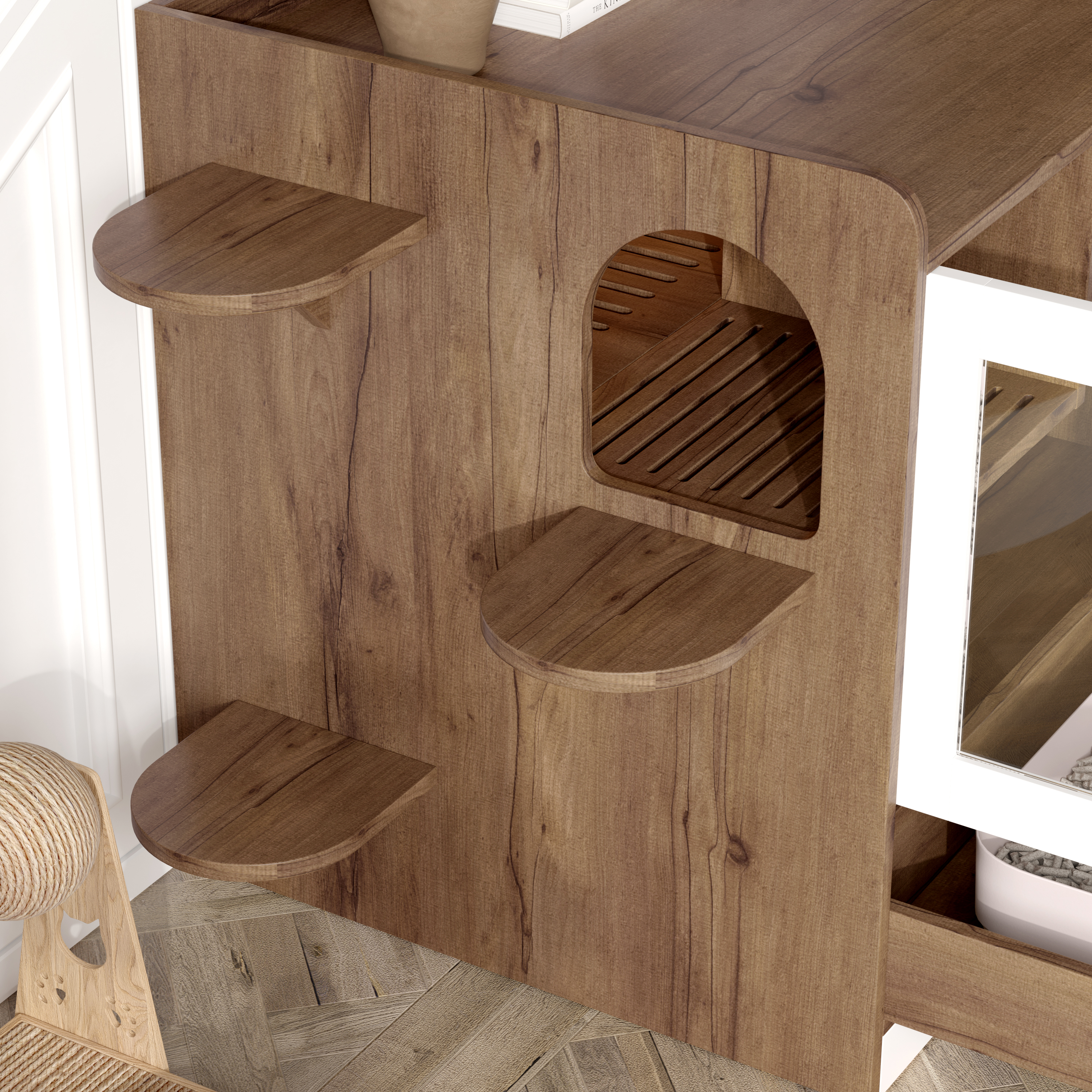 Caja de Limpieza para Gatos Oculta con Escalera y Caja de Muebles, Casa para Gatos con Rincón para Baño en Habitación, Mesa lateral para Salón, Marrón y Blanco — imagen 4