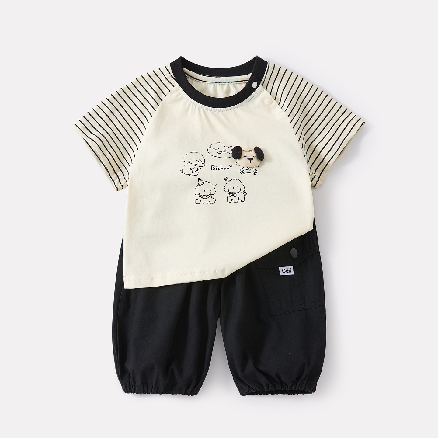 Cartoon Dog Print Striped Short Sleeve Top and Cotton Work Pants Two-Piece Set — image 3