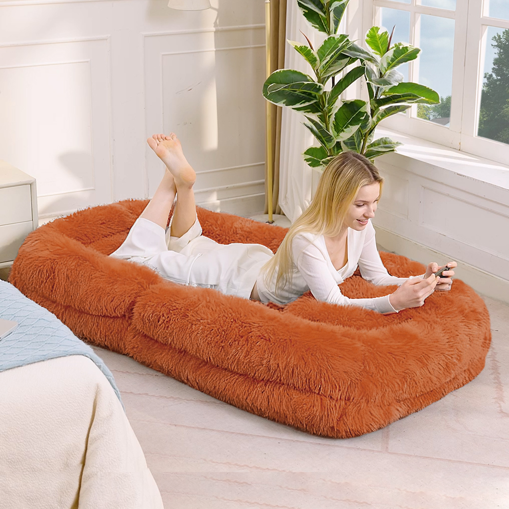 Human Dog Bed, Lazy Sofa, 5-Position Adjustable Convertible, Floor Gaming Chair, bedroom, living room, Suitable for gaming, meditation, relaxation, Plush Fabric, Orange — image 19