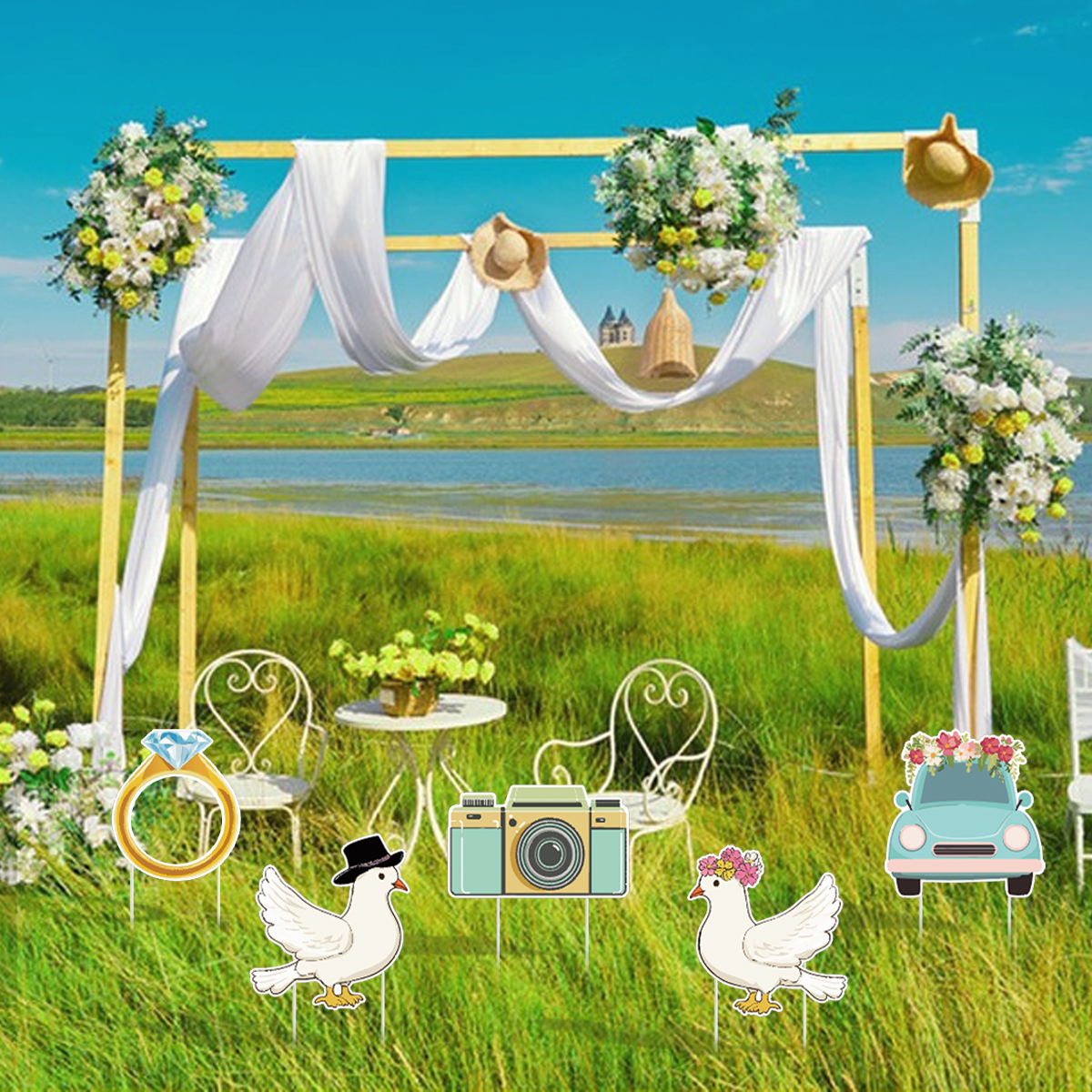 5 Piezas de Letreros de Jardín para Fiesta de Bodas con Estacas, Diseño de Paloma, Anillo y Cámara, Decoración de Camino, Letrero de Bienvenida de Plástico para Recepción, Grandes Accesorios de Fondo para Photo Booth de Despedida de Soltera, para Bodas P — imagen 8