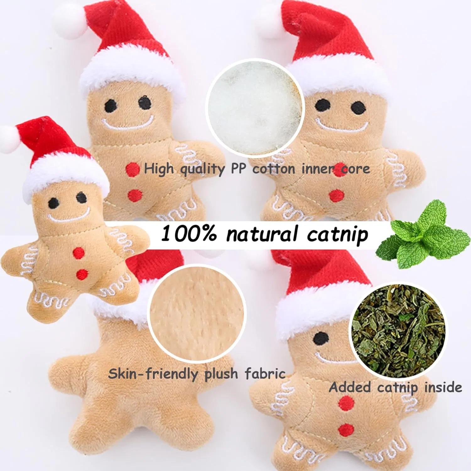 Catnip Toy, 5Pcs Gingerbread Man Plush Cat Chew Toy, Christmas Interactive Teething Cat Toy Cute Cotton Filled Soothing Cat — image 5